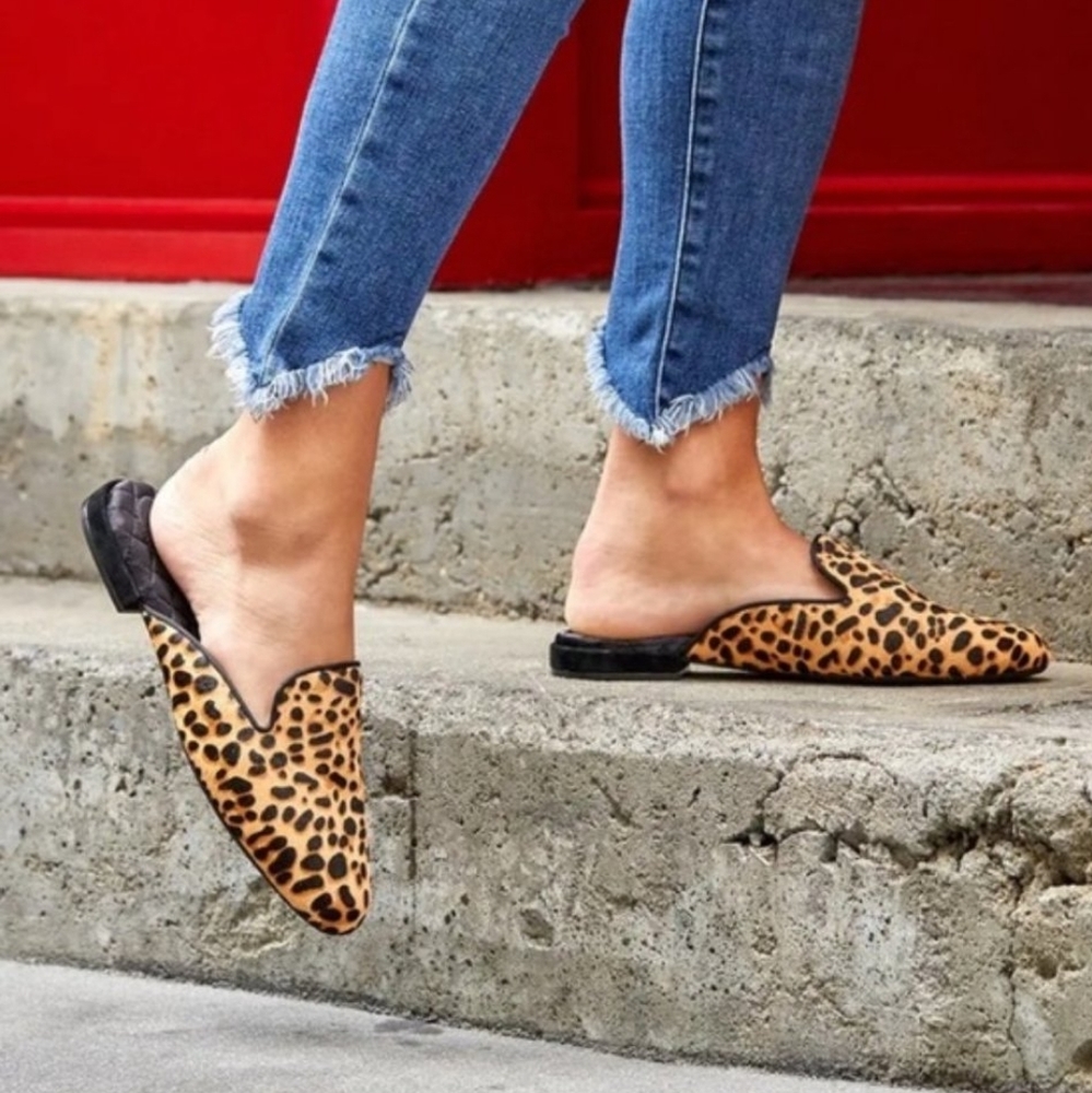 Birdies The Phoebe Loafer Mule Slide Cheetah Print Calf Fur Quilted Lining - Picture 12 of 12